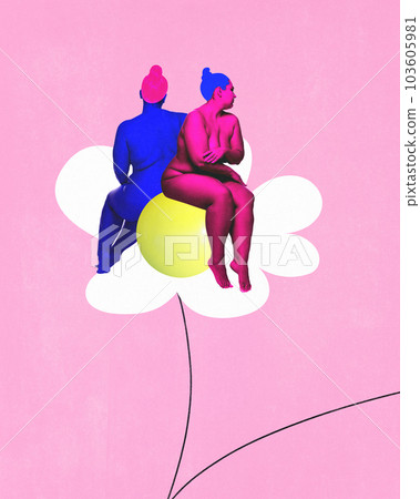 Two women sitting on flower side by side. Support and female care, Feminism and friendship. Contemporary art collage. Sisterhood Two women sitting on flower side by side. Support and female care, Feminism and friendship. Contemporary art collage. Sisterhood 103605981
