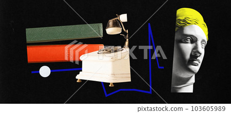 Creative abstract design with antique statue bust, retro phone and books over dark background. Professional knowledge. Contemporary art collage. 103605989