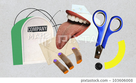Company mail. Employees working, sending business letter, leading professional cooperation and communication. Contemporary art collage. 103606008