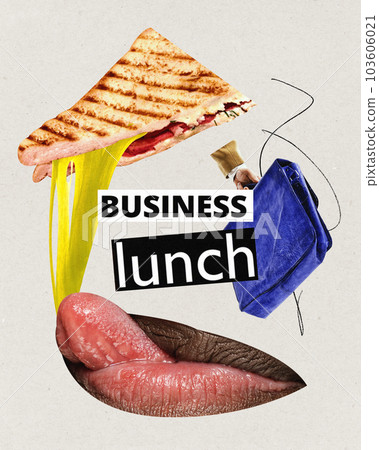Lunch time. Employees eating cheese sandwich. Time for rest between working. Contemporary art collage. Lunch time. Employees eating cheese sandwich. Time for rest between working. Contemporary art collage. 103606021