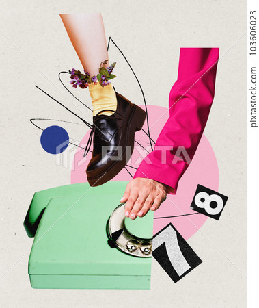 Marketing. Female employee, assistant working, calling clients, finding information, leading cooperation between workers. Contemporary art collage. 103606023