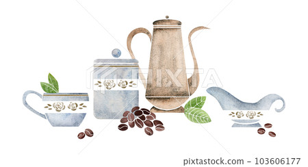 Watercolor hand drawn composition with copper coffee pot and porcelain cups, creamer, leaves, beans. Isolated on white background. For invitations, cafe, restaurant food menu, print, website, cards 103606177