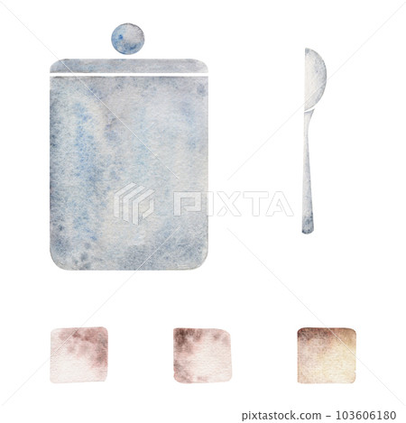 Watercolor hand drawn illustration. Porcelain storage jar, sugar cubes, tea spoon kitchen crockery. Isolated object on white background. Invitations, cafe, restaurant food menu, print, website, cards Watercolor hand drawn illustration. Porcelain storage jar, sugar cubes, tea spoon kitchen crockery. Isolated object on white background. Invitations, cafe, restaurant food menu, print, website, cards 103606180