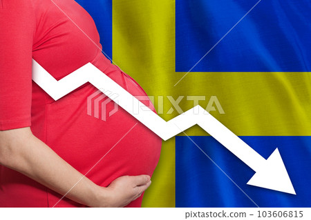 Pregnant woman on Swedish flag background. Falling fertility rate in Sweden Pregnant woman on Swedish flag background. Falling fertility rate in Sweden 103606815