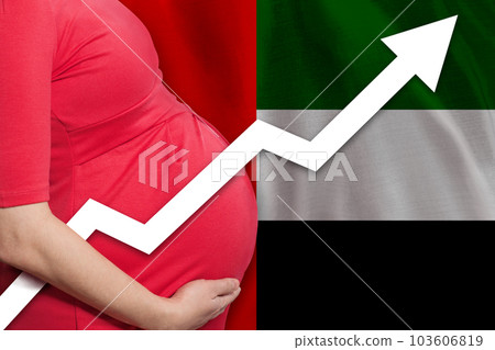Pregnant woman on flag of United Arab Emirates background. Birth rate up Pregnant woman on flag of United Arab Emirates background. Birth rate up 103606819