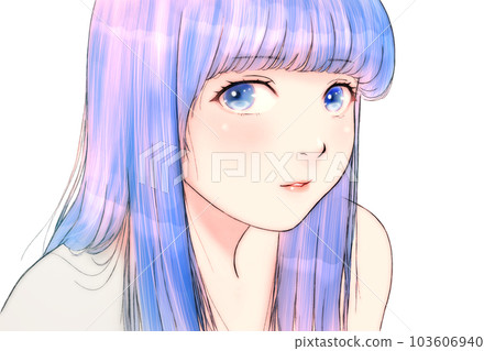 Line drawing color illustration of a girl with a sexy and round face Hair = blue Eyes = blue No background Light lipstick 103606940