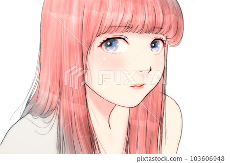 Line drawing color illustration of a girl with a sexy & round face Hair = Brown No background Light lipstick Line drawing color illustration of a girl with a sexy & round face Hair = Brown No background Light lipstick 103606948