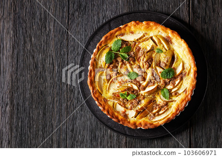 German Apfelkuchen, Apple Custard Cake, top view 103606971