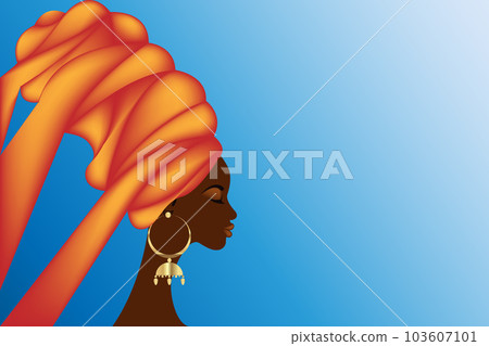 Profile of afro american lady look empty space, wear ethnic turban and gold earrings, vector isolated on blue color background, beauty African woman fashion template brochure, copy space for text Profile of afro american lady look empty space, wear ethnic turban and gold earrings, vector isolated on blue color background, beauty African woman fashion template brochure, copy space for text 103607101
