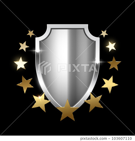 Silver shield with gold stars. Metal heraldic emblem vector illustration. Retro luxury elements with shining sparkles. Heraldry insignia, antique golden decor on black background Silver shield with gold stars. Metal heraldic emblem vector illustration. Retro luxury elements with shining sparkles. Heraldry insignia, antique golden decor on black background 103607110