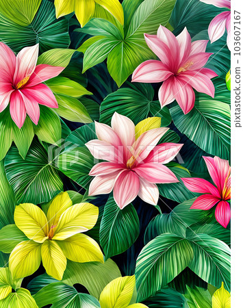 Tropical watercolour with vintage blooms and texture. Tropical watercolour with vintage blooms and texture. 103607167