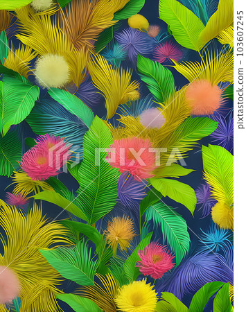 Goldendetailed tropical flora volumetric with neon. 103607245