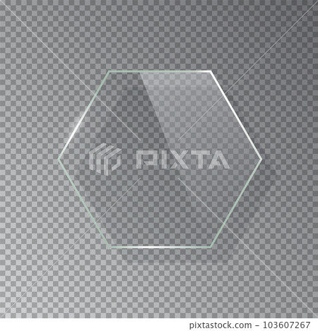 Realistic 3d hexagon glass frame isolated on grey transparent background. Creative border plate object, framework 103607267