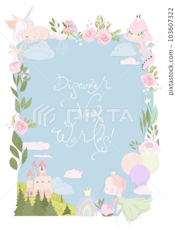 Cute Cartoon Frame with Princess, Dragon, Unicorn and Flowers Cute Cartoon Frame with Princess, Dragon, Unicorn and Flowers 103607322