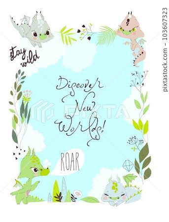 Cute Cartoon Frame with Colorful Little Dragons and Plants Cute Cartoon Frame with Colorful Little Dragons and Plants 103607323