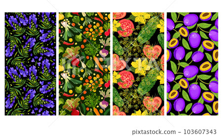 Vector collection of four bright summer seamless patterns. Aconites, vegetables, plums. 103607343