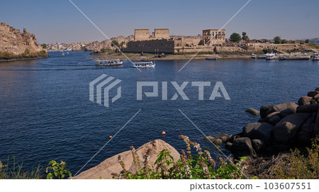 Philae temple complex ,an island-based temple complex in the reservoir of the Aswan Low Dam, downstream of the Aswan Dam and Lake Nasser, Egypt. External daylight shot  103607551