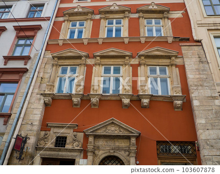 Red facade of the house in the central part of Lviv, Ukraine 103607878
