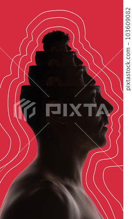 Inner self. Man suffering from diversity of personalities inside his head. Unstable psychics. Contemporary art collage. 103609082