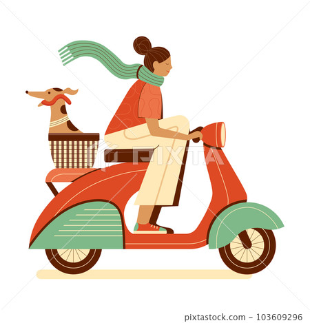 Girl with Greyhound Dog in Basket Ride Scooter 103609296