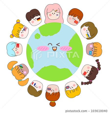 Illustration of a smiling earth character and a face painting character 103610040