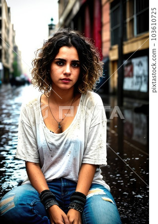 Young girl is sitting on the road of abandoned wet street, suffering from crisis, poverty, loneliness. Cinematic view. Generative AI 103610725