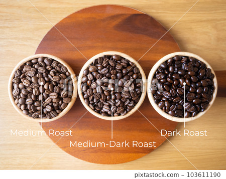 brown arabica coffee bean roast 3 level medium to dark different taste seed caffeine espresso drink food cafe beverage Chiang Rai, Thailand coffee on wooden table background top view selected focus 103611190
