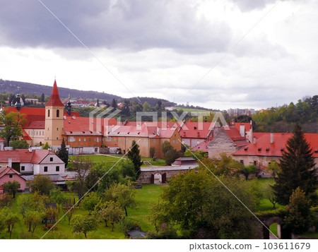 Panoramic view over the old Town of Cesky Krumlov, Czech Republic, European historical center and splendor. Panoramic view over the old Town of Cesky Krumlov, Czech Republic, European historical center and splendor. 103611679