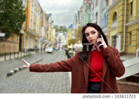 business Woman on the street talking on the phone while stopping a cab. 103611723