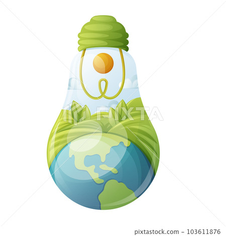 Light bulb with Earth and landscape, meadow and sun inside as a symbol of environmental friendly sources of energy, vector illustration, ecology concept. Save the planet.Go green. Light bulb with Earth and landscape, meadow and sun inside as a symbol of environmental friendly sources of energy, vector illustration, ecology concept. Save the planet.Go green. 103611876