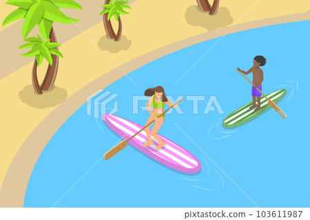 3D Isometric Flat Vector Conceptual Illustration of Sup Surfing 103611987