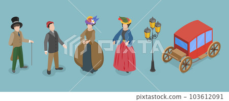 3D Isometric Flat Vector Set of Victorian Period Characters and Objects 103612091