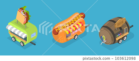 3D Isometric Flat Vector Conceptual Illustration of Street Food Trucks 103612098