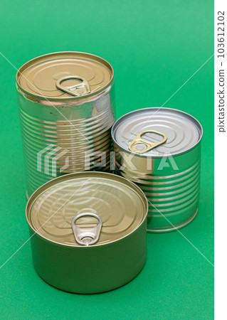 Unopened Tin Cans with Blank Edges on Green Background 103612102