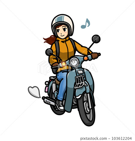Illustration of a woman commuting to work or school on a small bike Illustration of a woman commuting to work or school on a small bike 103612204