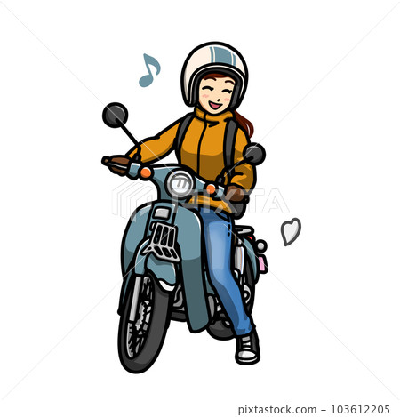 一個微笑的女人跨坐在一輛小摩托車上的插圖（上下班或上學） 103612205