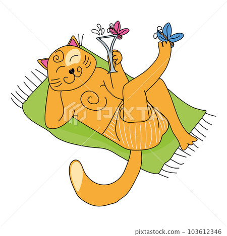 doodle cartoon red cat sunbathing 103612346
