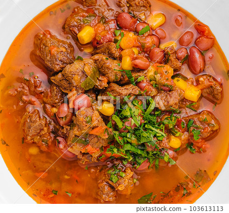 Mexican dish chili con carne in plate 103613113