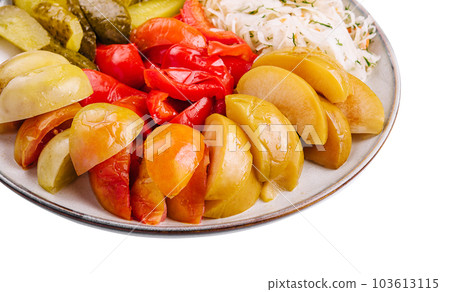 mixed pickles on a white plate mixed pickles on a white plate 103613115