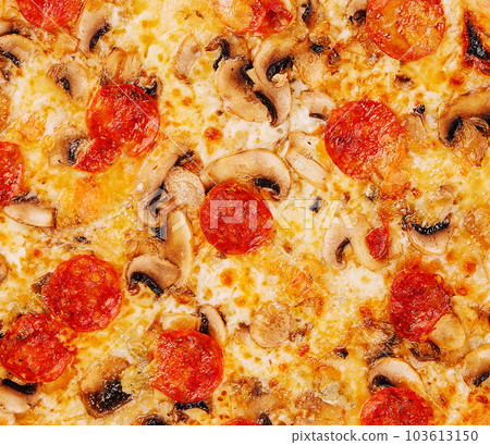 Salami and mushrooms pizza close up background 103613150