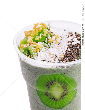 Smoothie with kiwi, coconut, granola and chia seeds 103613225
