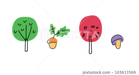Set of trees, mushroom and acorn in a minimalistic style. Bright vector illustration for the design of cards, poster, invitation, clothing. Isolated symbols, stickers 103613569