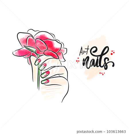 Peony, beautiful flower in hand with long nails, hand lettering, trendy Peony, beautiful flower in hand with long nails, hand lettering, trendy 103613663