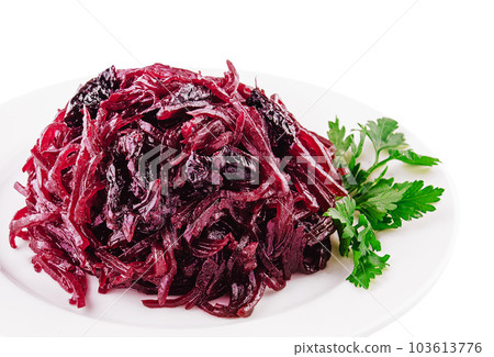 Grated beets in a plate isolated on white background 103613776