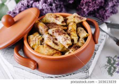 Trendy breakfast with mini pancakes close up 103613839