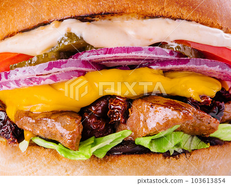 pulled pork burger with coleslaw salad and bbq sauce 103613854