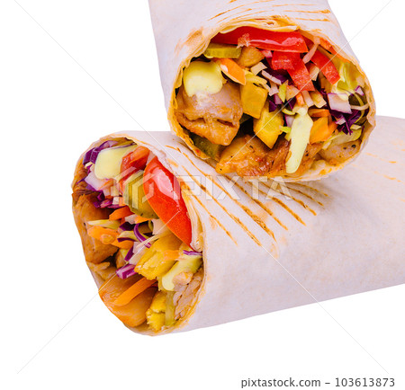 Delicious shawarma on isolated on white background Delicious shawarma on isolated on white background 103613873