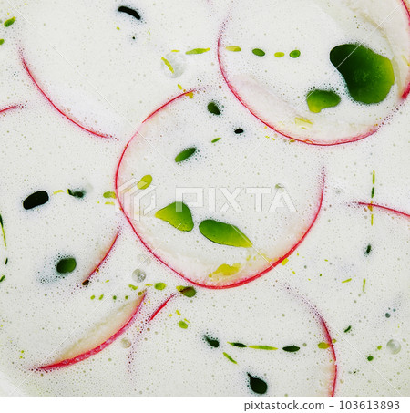 Summer yoghurt cold soup with radish 103613893