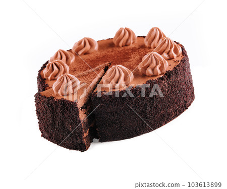 Chocolate Cake with Chocolate Fudge Drizzled Icing and Chocolate Curls isolated 103613899