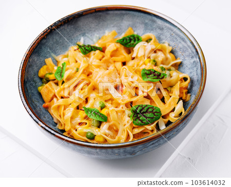 Pasta salad with grilled vegetables peas and corn Pasta salad with grilled vegetables peas and corn 103614032